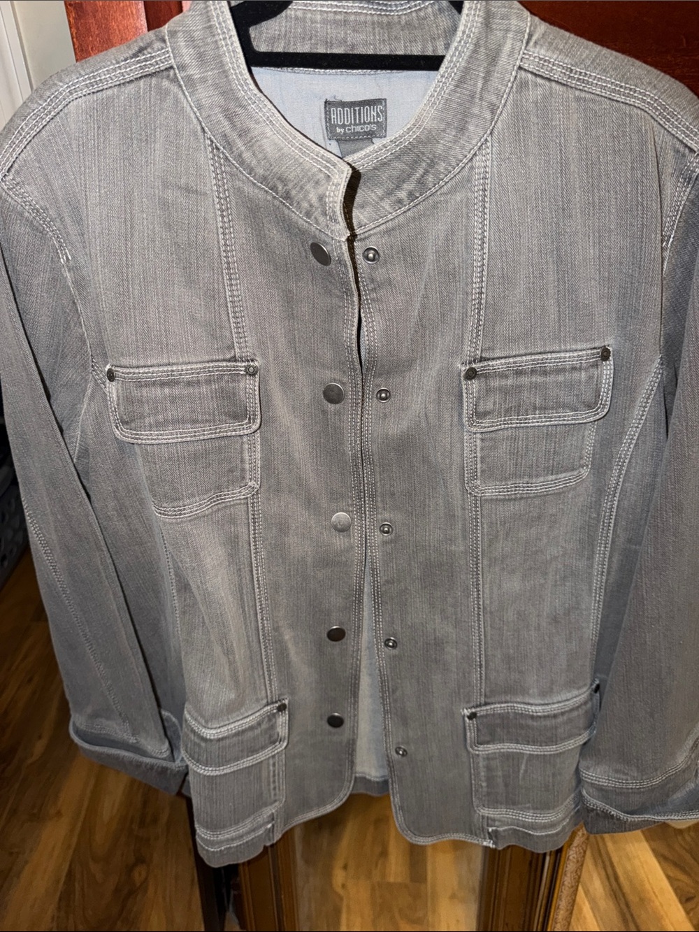 Chico's Light Gray Denim-Style Snap Jacket